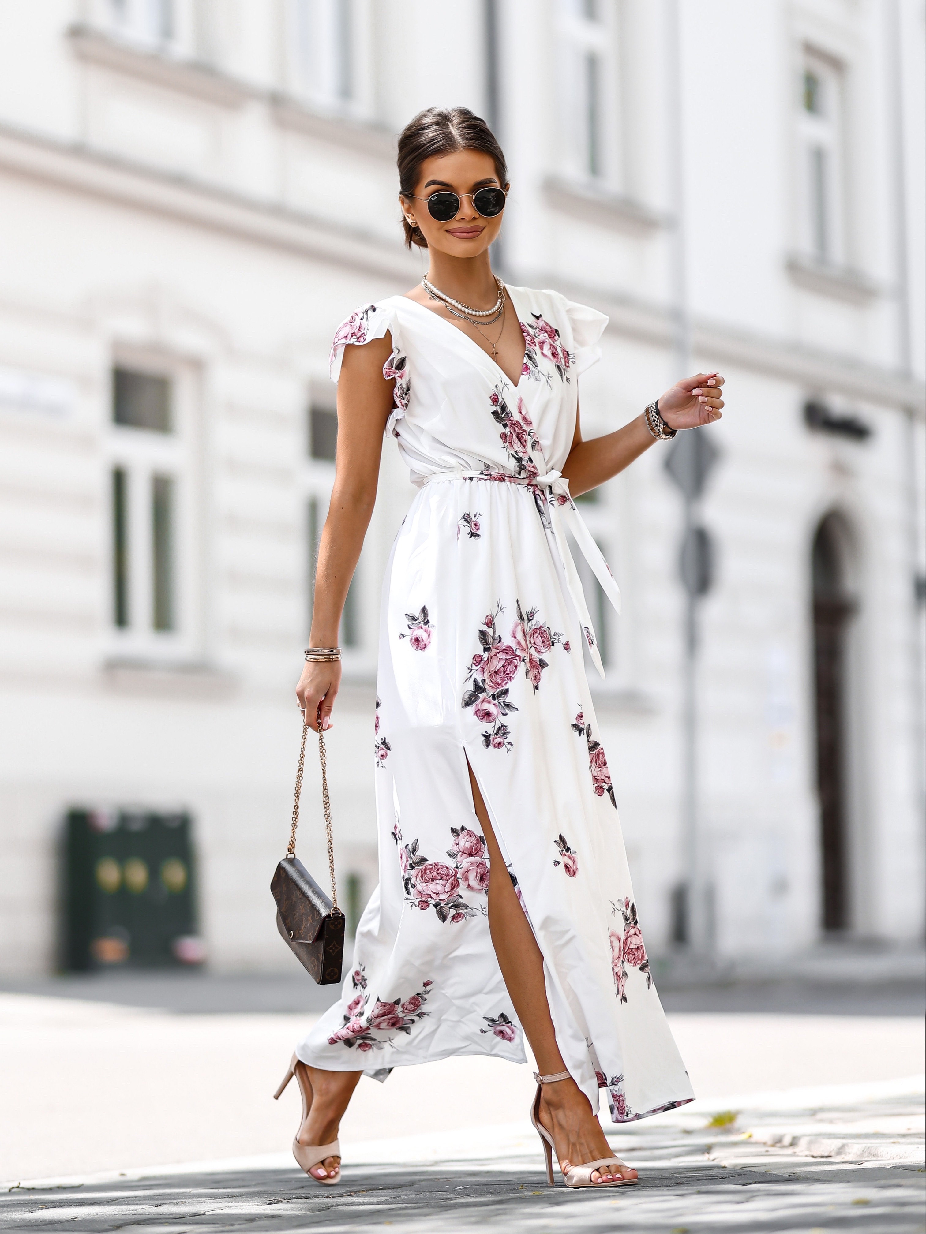 Sukienka Maxi Olivia w kolorze ecru i różu - Elegancka długa sukienka na specjalne okazje - Lamour