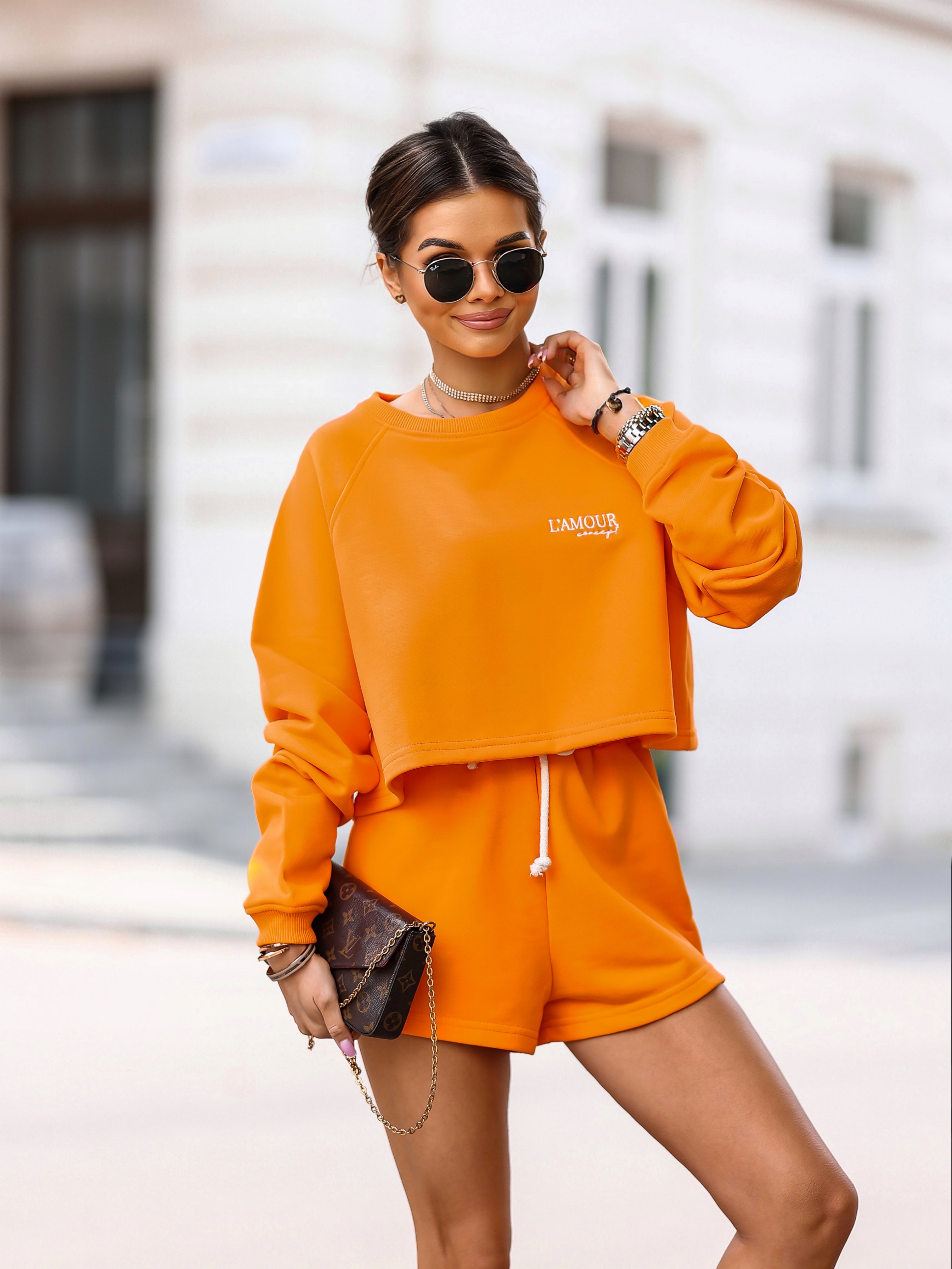Komplet dresowy z szortami Look perfect pomarańczowy - Rozmiar: XS