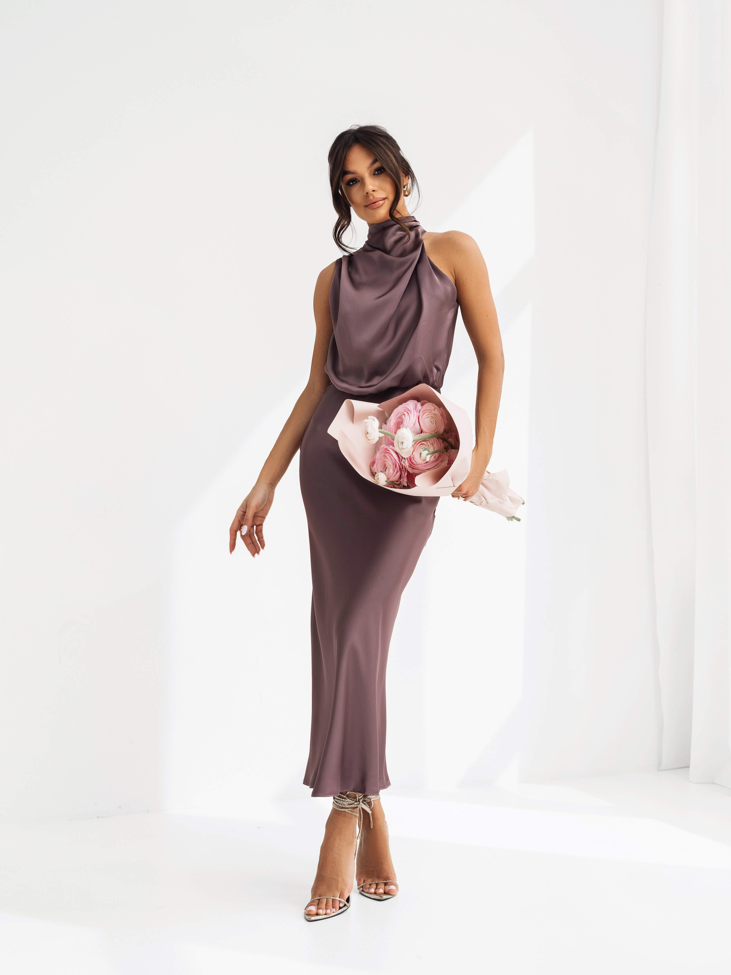 Sukienka satynowa Emilie maxi cherry powder - Rozmiar: XS
