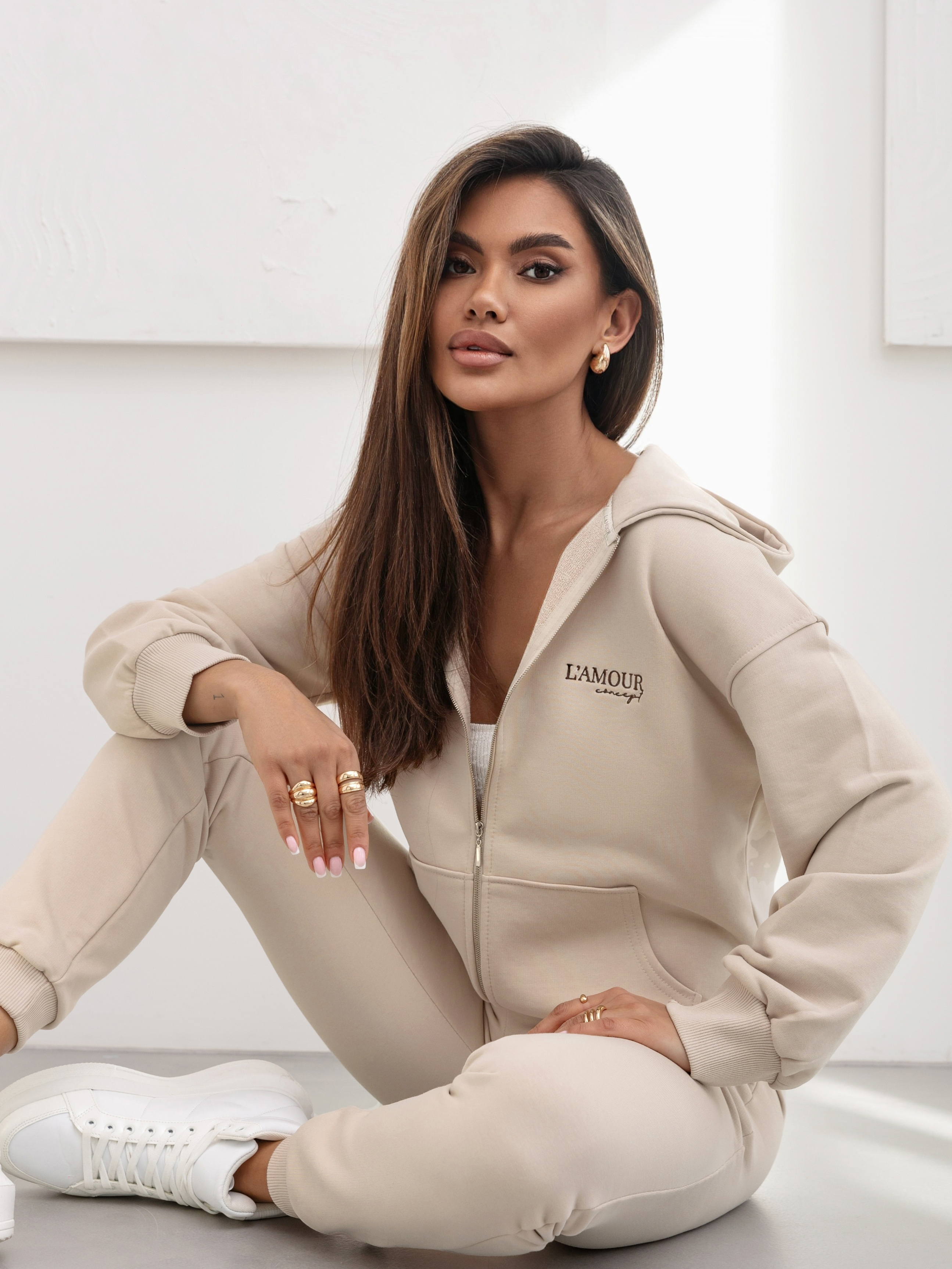Komplet dresowy Twin Flame zip ciepły beż - Rozmiar: XS